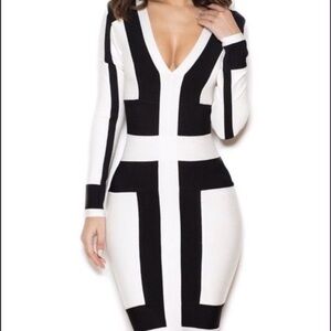 House of CB Black and White Geometric Long Sleeve Dress